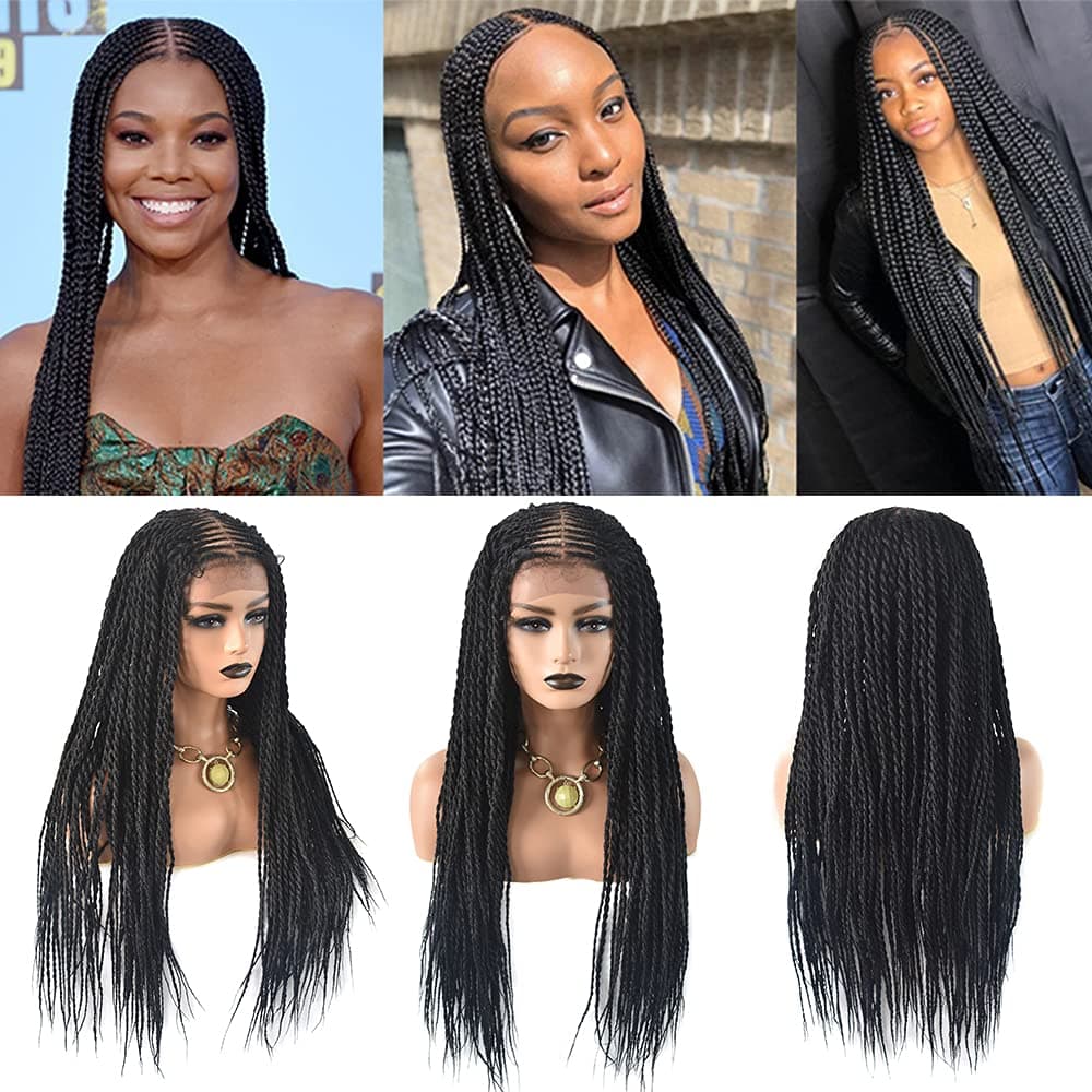 SINGA HAIR Box Braided Wigs Glue-less Micro Million Hand-Braids Black Womens 31” Long Kanekalon Synthetic Baby Hair Swiss Lace Front Light Weight (1B# Natural Black)