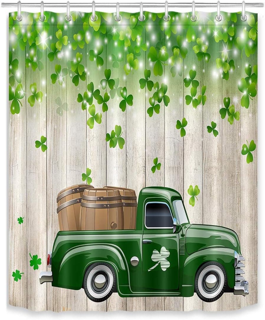 LB Farmhouse Truck Shower Curtain St. Patricks Day Shamrock Decor Rustic Wood Green Leaf Clover Bathroom Curtain with Hooks 60x72 inch Waterproof Polyester Fabric Bathroom Decorations