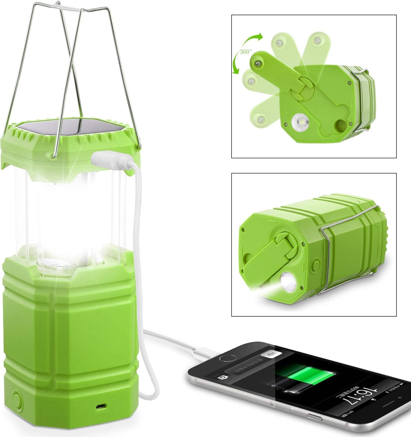 LED Camping Lantern Rechargeable Solar Hand Crank Flashlight 3000 Battery Powered Camp Light with USB Charger, 35H Runtime, Portable Collapsible Survival Lamp for Outdoor Emergency Home Power Failure