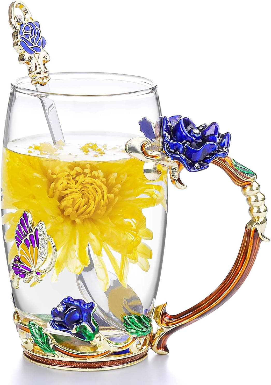 COAWG 330ML Tea Cup Glass Coffee Mugs, Handmade Rose Flower Butterfly Tea Mug with Spoon Gift for Birthday Wedding Christmas