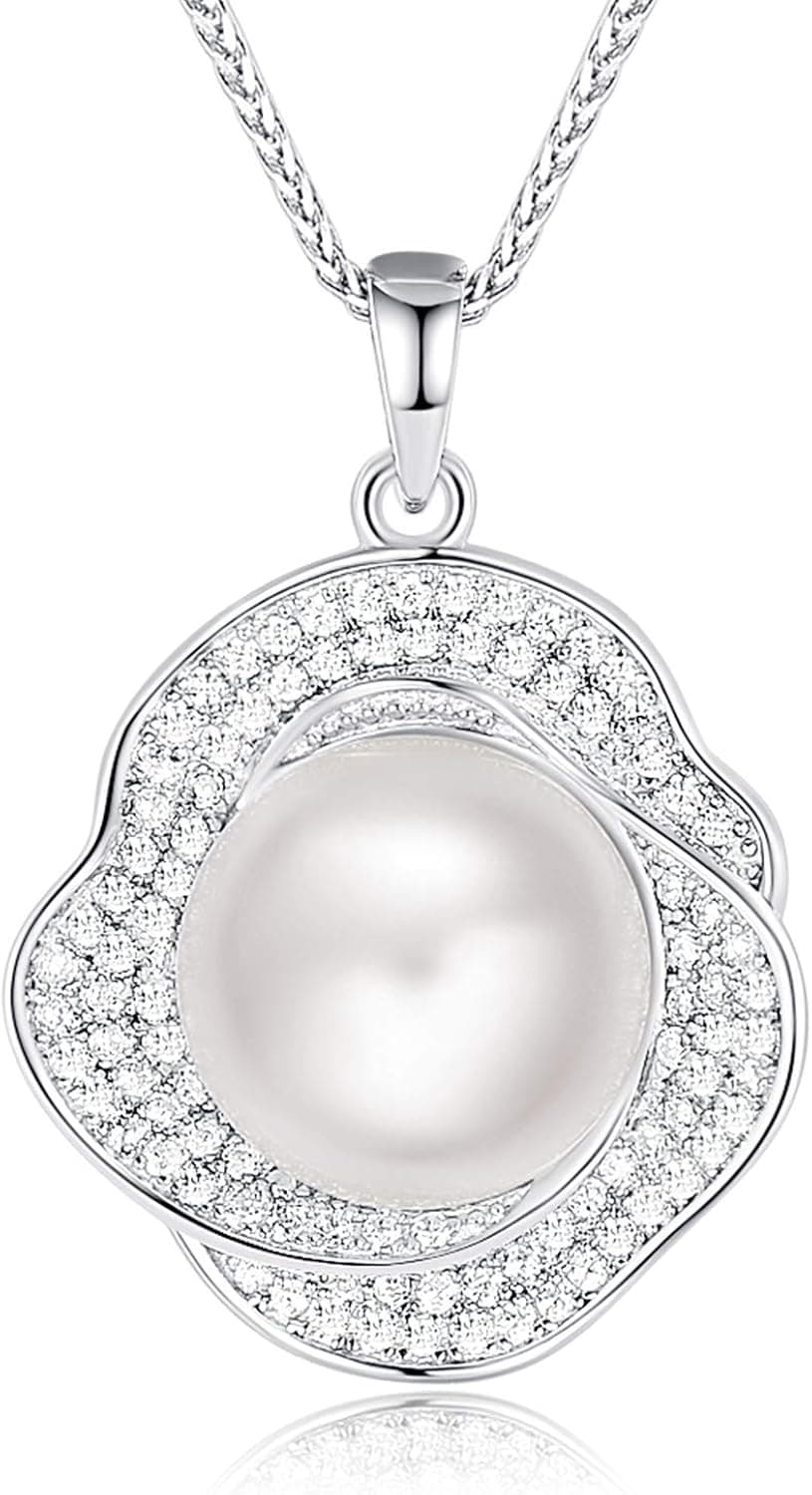 CDE Freshwater Pearl Pendant Necklace for Women Flower Necklace 925 Sterling Silver with Cubic Zirconia Jewelry Gift Christmas Jewelry Gift Birthday Gift for Mom Women Wife Girls Her