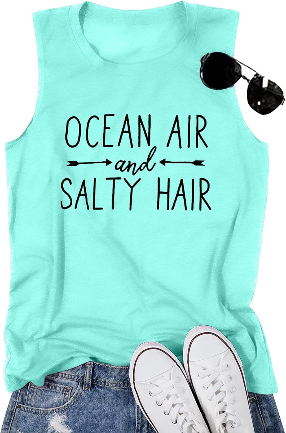 Beach Tanks for Women Ocean Air and Salty Hair Tank Top Funny Cruise Summer Sleeveless Family Vacation Vest Shirts