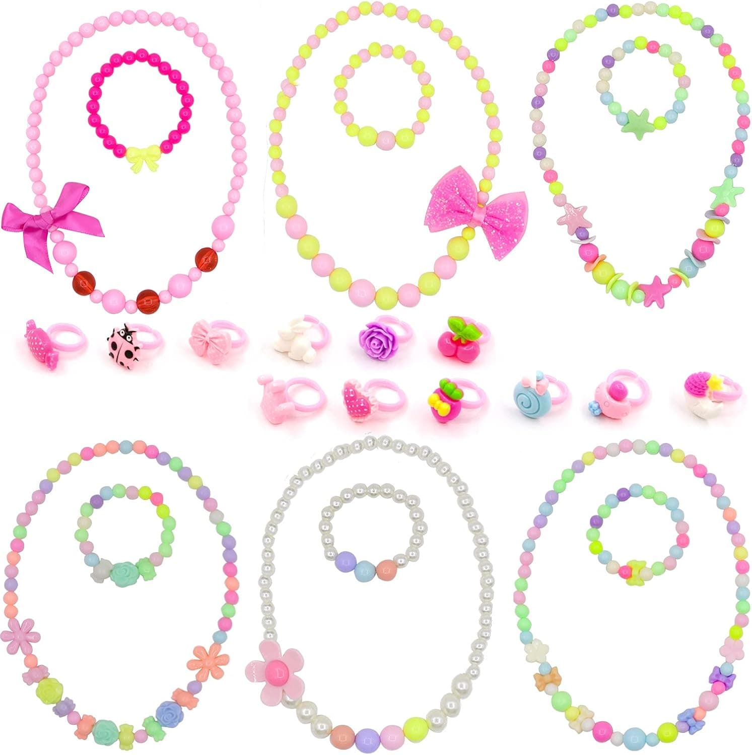 Darovly 6 Sets Princess Necklace Beaded and Bracelet with 12Pcs Rings(Random style) for Little Girls Dress Up Party Supplies Accessories Cosplay Props Decorations Multicolor