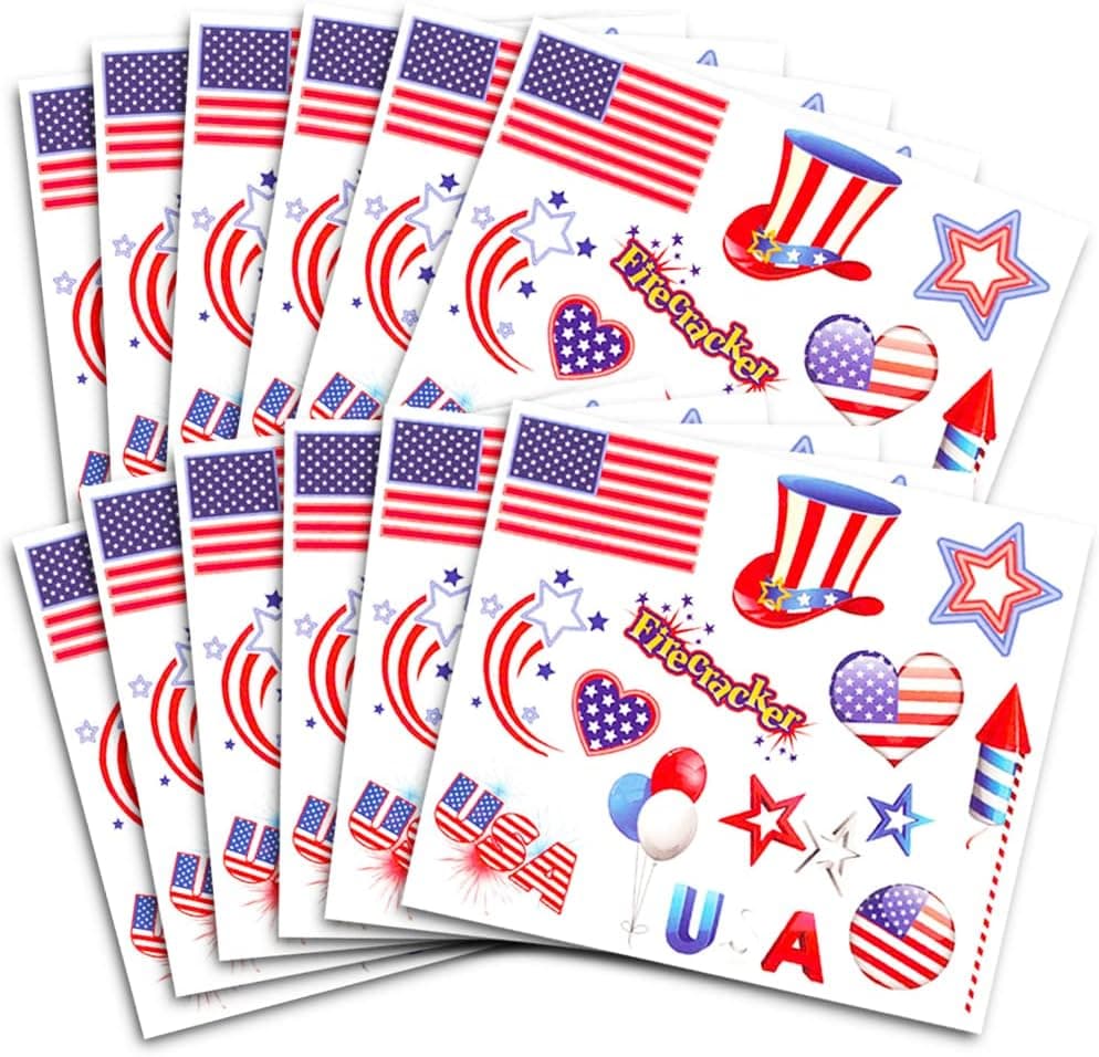 Patriotic American Flag Stickers and Tattoos Party Favors Pack (Over 100 USA Temporary Tattoos and 300 American Stickers, 4th of July Party Supplies)