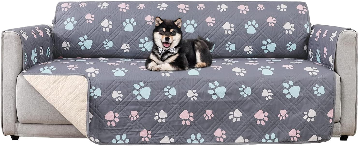 BOCTOPUG Couch Cover Sofa Covers Slipcover Waterproof Sofa Cover Water Resistant Couch Cover for Dogs Kids Cats Pets (Loveseat, Grey+Colorful Paw)