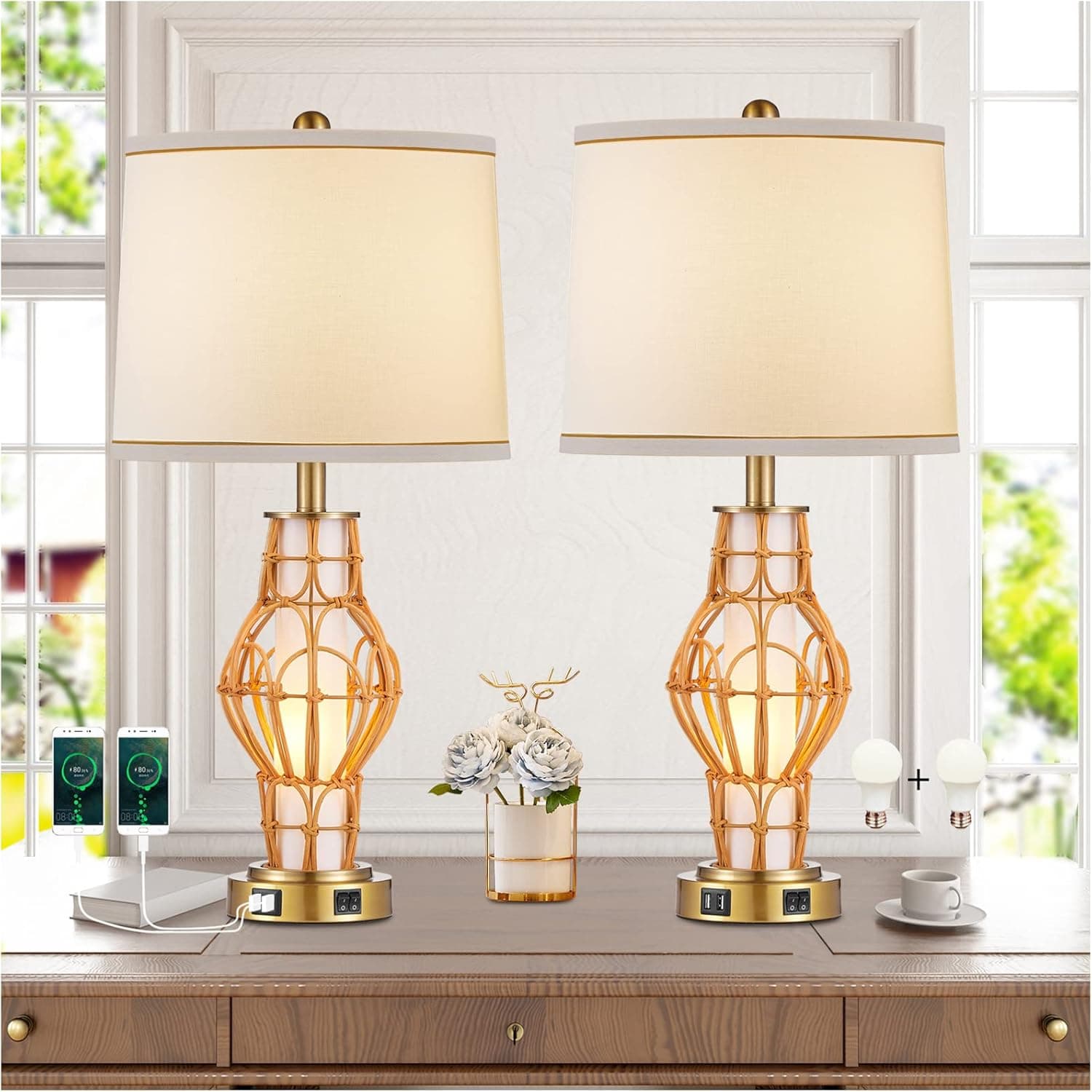 KIVDITZO Rustic Farmhouse Table Lamps with Night Light Set of 2 Wicker Bedside Lamp with USB Ports Warm Gold + White Finish and Round Shade for Living Room Bedroom Home Office