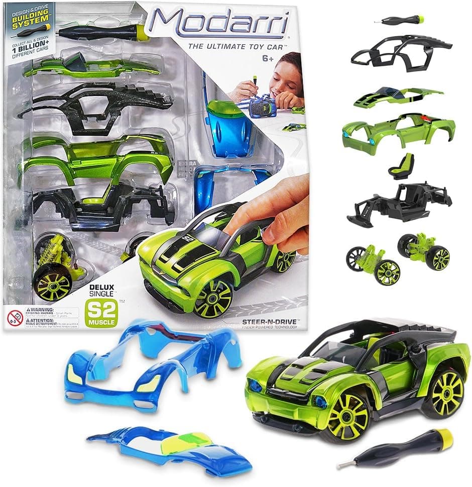Modarri Delux S2 Muscle Car Build Your Car Kit Toy Set - Ultimate Toy Car: Make Your Own Car Toy - for Thousands of Designs - Real Steering and Suspension - Educational Take Apart Toy Vehicle