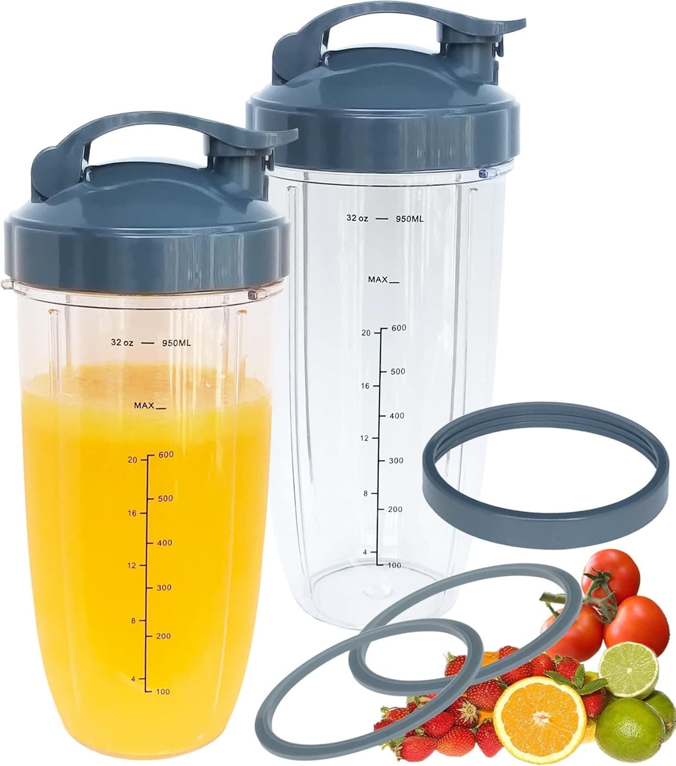 [UPGRADE] 2-pack 32oz Replacement NutriBullet Blender Cups with Flip-Top To-Go-Lid and Rubber Gaskets Compatible with 600w/900w Blender