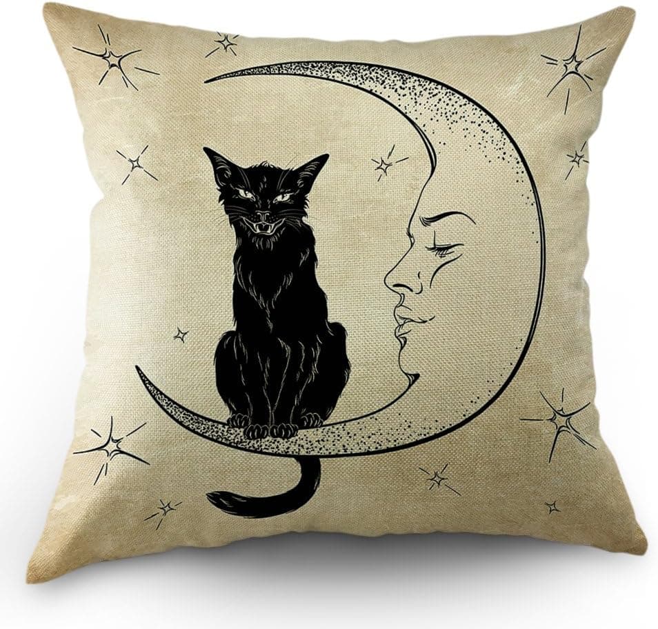 Moslion Cats Moon Throw Pillow Cover Pillow Case Black Cat Sits on The Moon Face Star Cotton Linen Pillow Case 18 x 18 Inch Cushion Cover for Sofa Living Room Light Brown