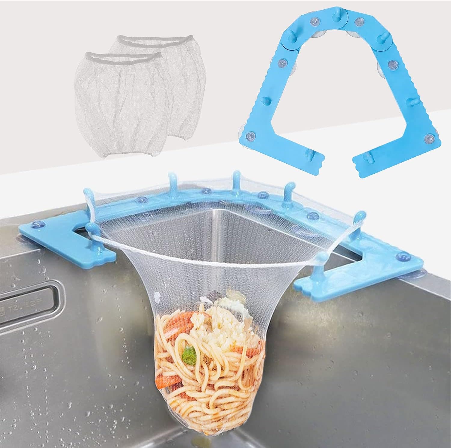 Kitchen Sink Strainer Multipurpose Triangle Sink Strainer Net Mesh Hanging Bags With Suction Cups For Sink Corner Strainer Leftovers Filter Fine Corner (1 Holder + 100PCS Filter Bags #02-Blue)