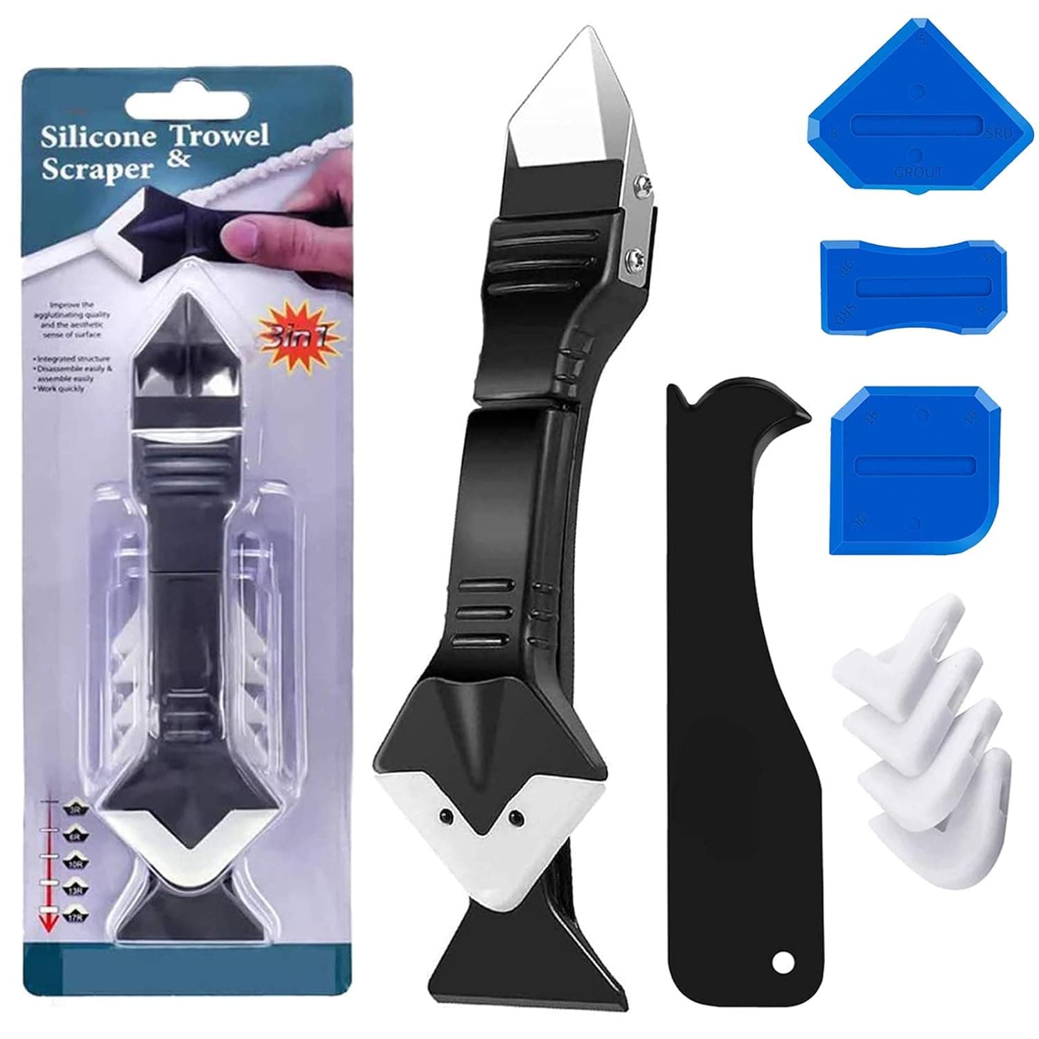 Silicone Caulking Tool, 3 in 1 stainless steelhead Caulk Remover Scraper Sealant Finishing Tool with 5 Replaceable Silicone Pads for Kitchen Bathroom Window and Sink Joint (Black)