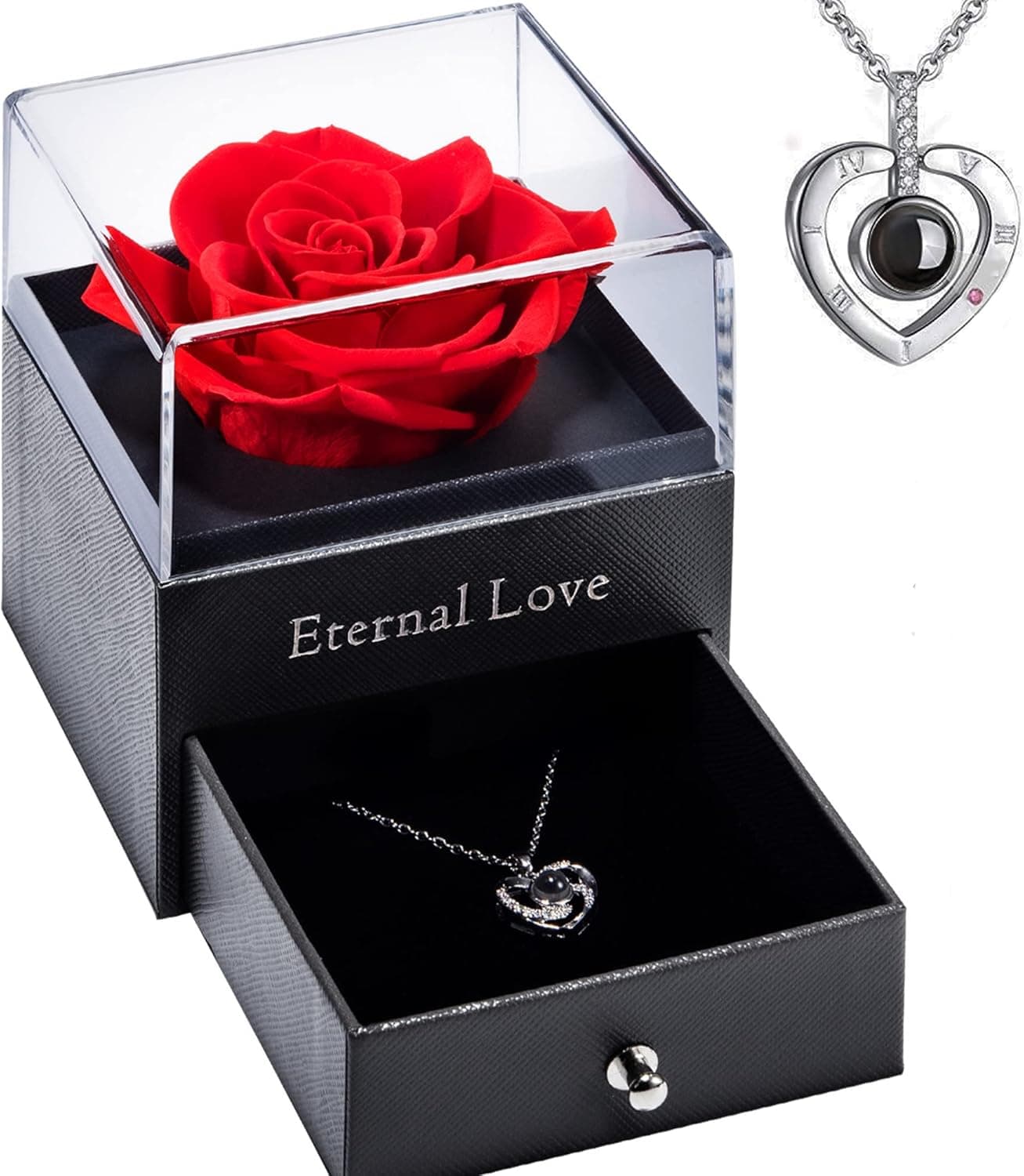 Norcalway Preserved Real Rose with Necklace I Love You in 100 Languages - Eternal Flower for Mom, Girlfriend Or Wife - I Love You Gift for Mother's Day