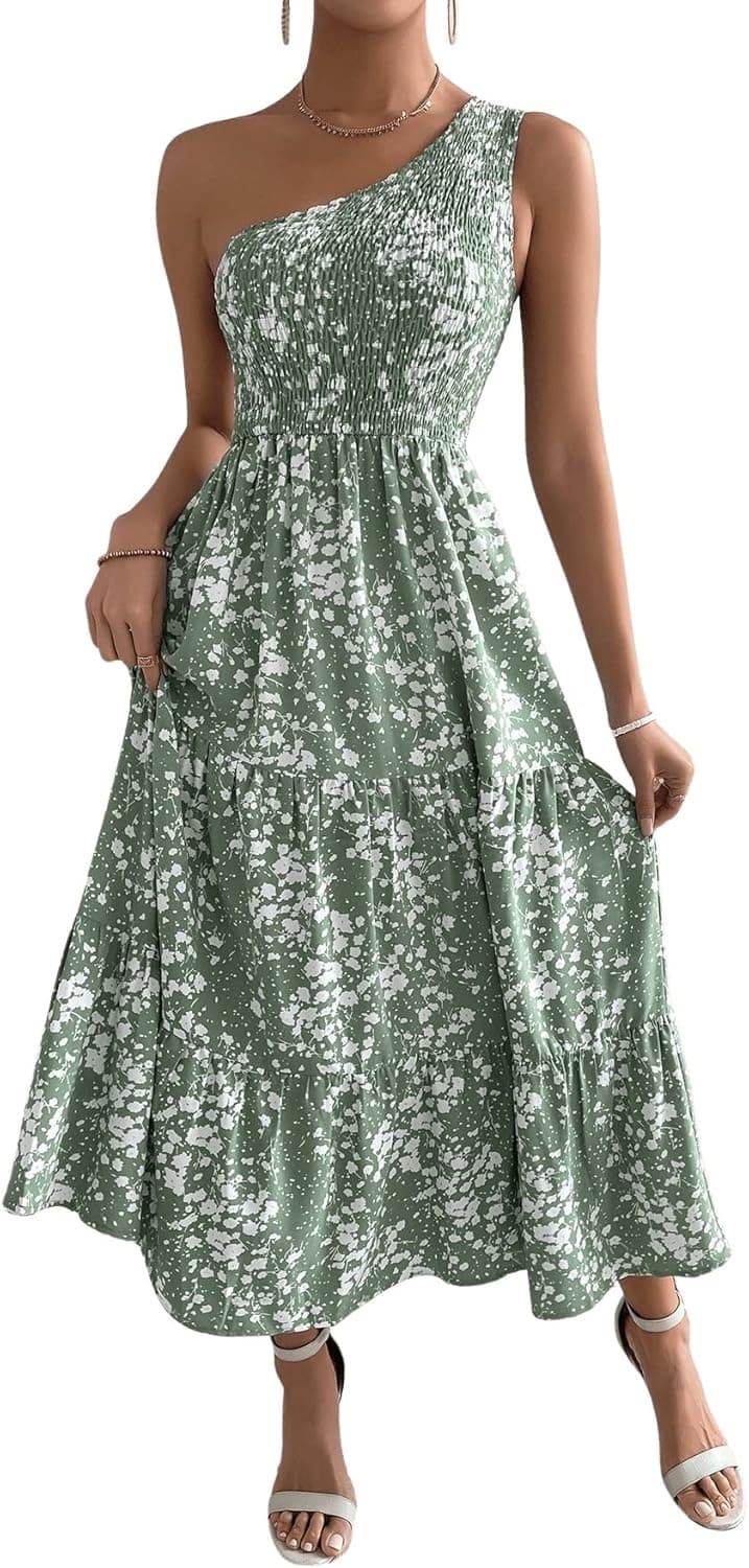 SweatyRocks Women's Boho Sleeveless One Shoulder Dress Shirred Ruffle Hem A Line Maxi Dresses