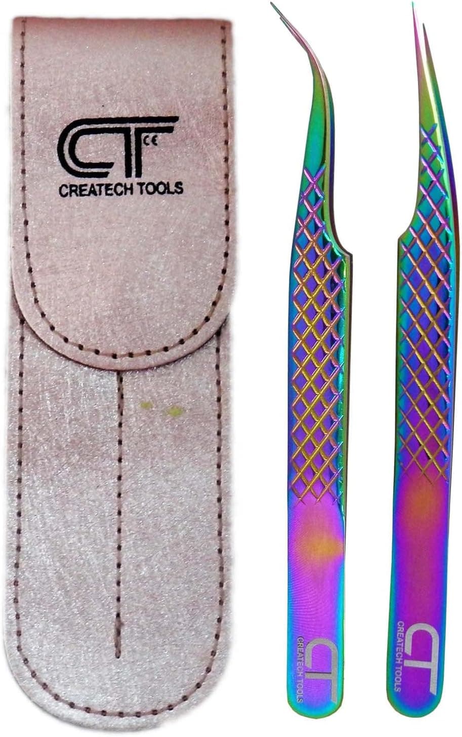 Createch Tools CT Eyelash Tweezers – Lash Tweezers for Extensions, Straight, Curved, Individual, Russian Volume, Isolation – Stainless Steel Rainbow Set (2-PCs Rainbow Set) (ELT)