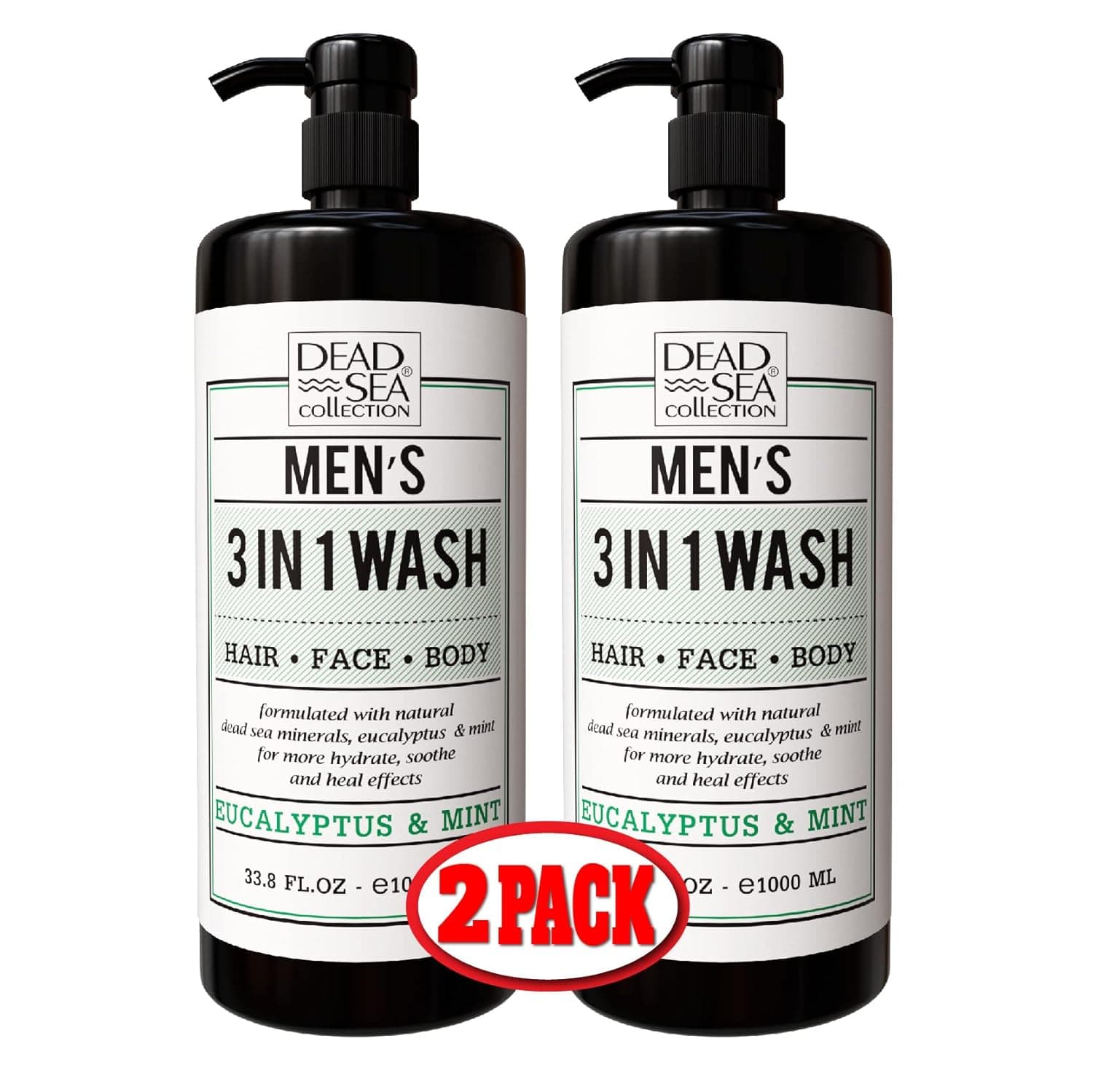 Dead Sea Collection Men’s Body Wash - Pack of 2 (67.6 Fl. Oz) - Eucalyptus & Mint 3 in 1 Body Wash for Men - Face Wash for Men with Shower Gel for Men and Shampoo for Men to Keeping You Feeling Fresh & Cool