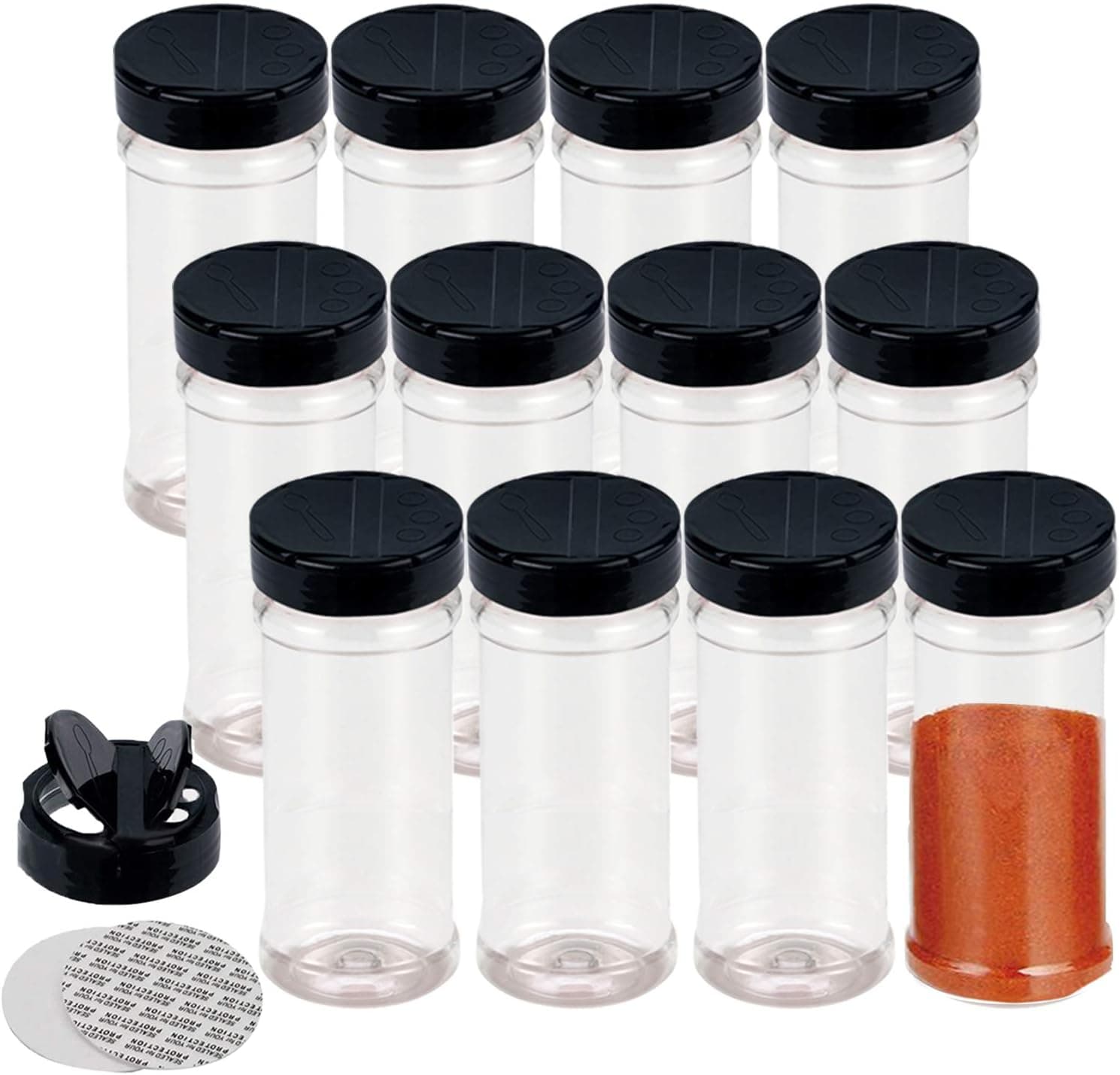 Set of 12Pcs Empty Plastic Spice Jars with Black Cap,Spice Containers for Storing BBQ Seasoning Salt Pepper,Glitter Shakers Bottles (7.7oz/230ml)