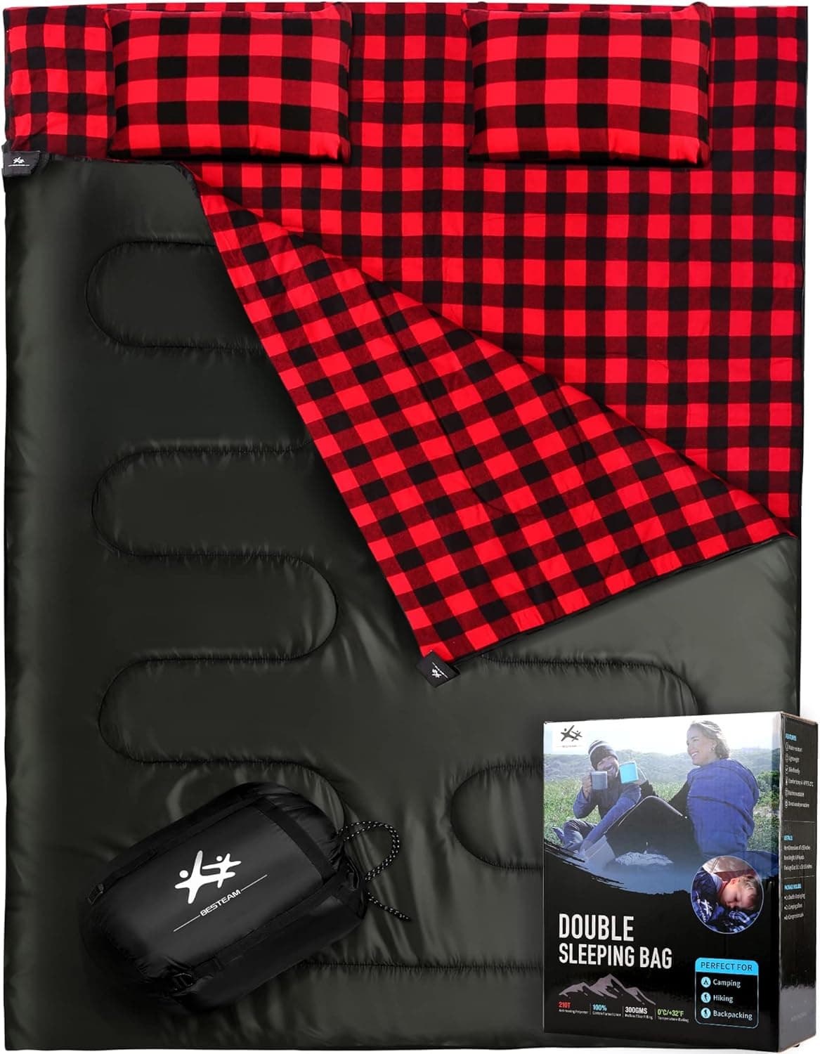 BESTEAM Double Sleeping Bag Flannel for Adults Kids, Queen Size for 2 Person with 2 Pillows, Warm & Cold Weather Sleeping Bag for Camping, Hiking, Waterproof Lightweight with Compression Sack