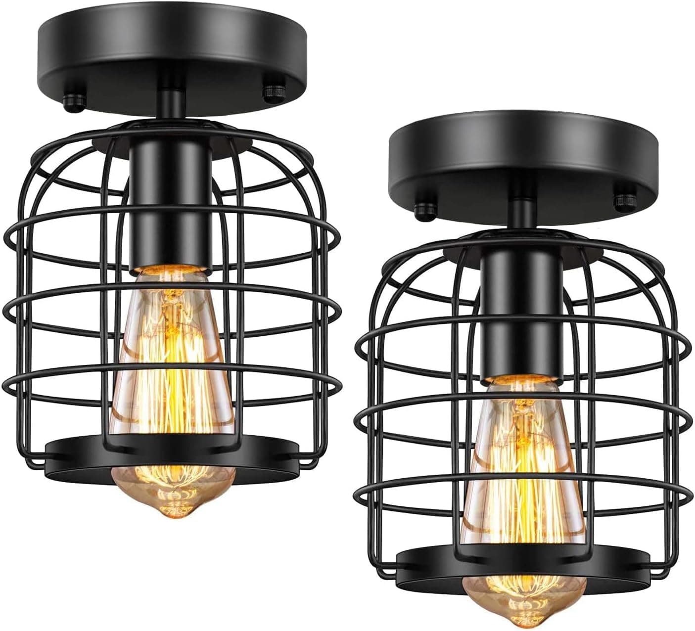 Industrial Ceiling Light, Pynsseu Semi-Flush Mount Ceiling Light E26 E27 Retro Black Industrial Ceiling Light Fixture for Porch Hallway Kitchen Farmhouse Lighting 2 Pack。