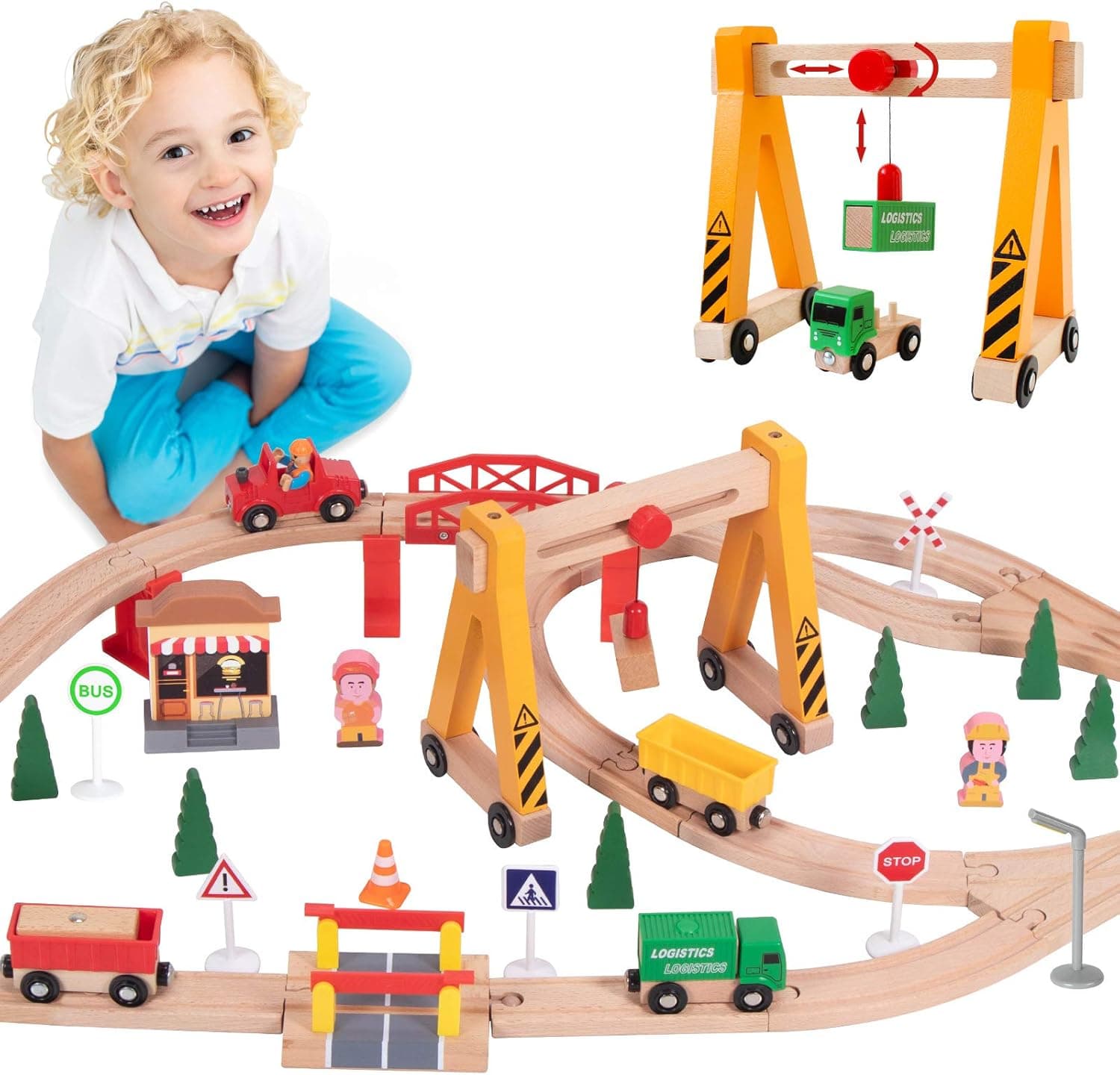 Lebze Toy Train Set for Toddlers - 55 Pieces Wooden Train Set Track & Exclusive Crane & Trains Pack Fits Thomas, Brio, Chuggington, Melissa - Kids Friendly Building Toys for 3+ Years Old Girls & Boys