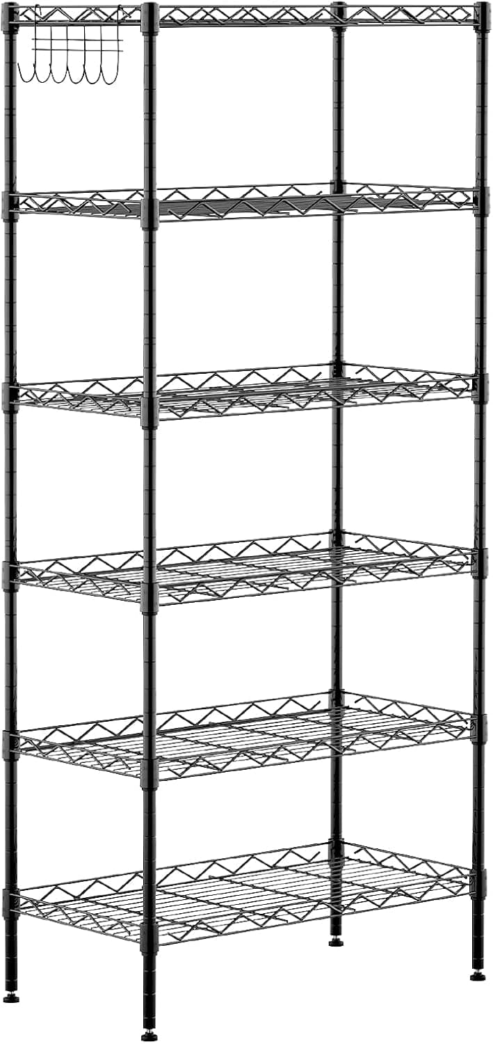 ALPHINO 6-Shelf Shelving Storage Unit ,Heavy Duty Metal Organizer Wire Rack with Leveling Feet , Stainless Side Hooks for Bathroom Kitchen Garage 750Lbs Capacity (Black)