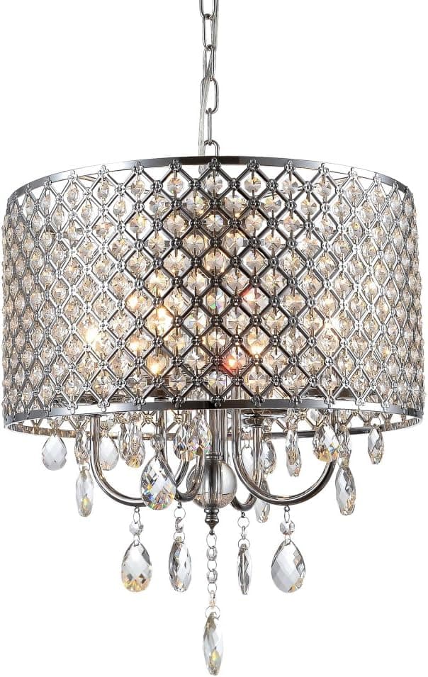 mirrea® Crystal Chandelier Pendant Light, 4 Lights, with Crystal Beaded Drum Shade Chromed Finish