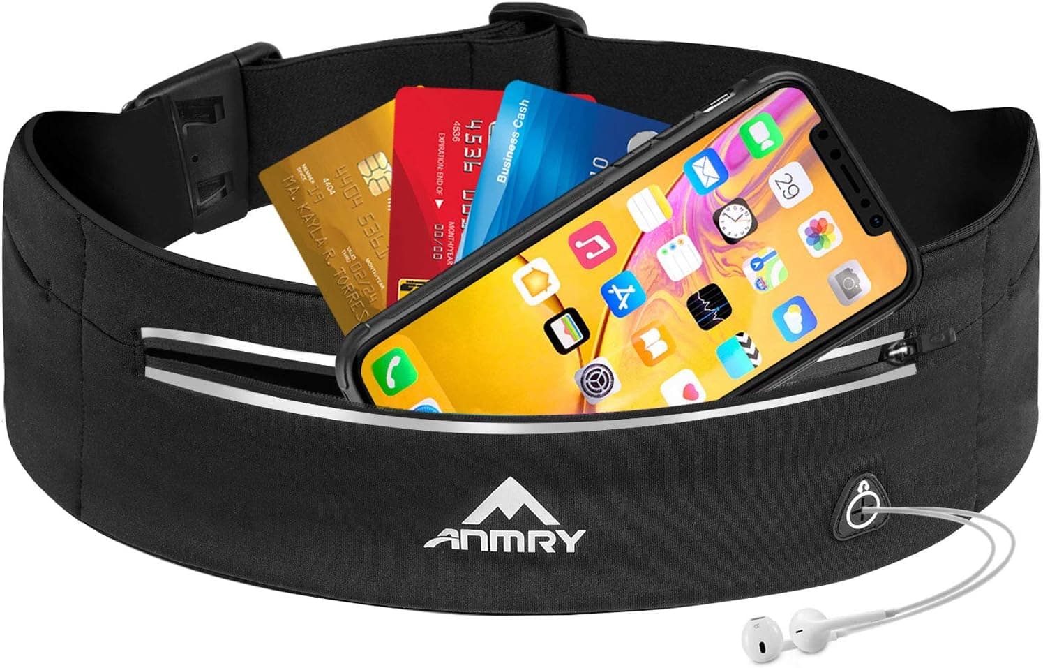 ANMRY Running Pouch Belt,Runner Waist Pack for Women and Men - Running Belt for Any iPhone Phone Size - Runners Hiking Climbing Fanny Pack - Adjustable Running Pouch (3 Pockets Black)