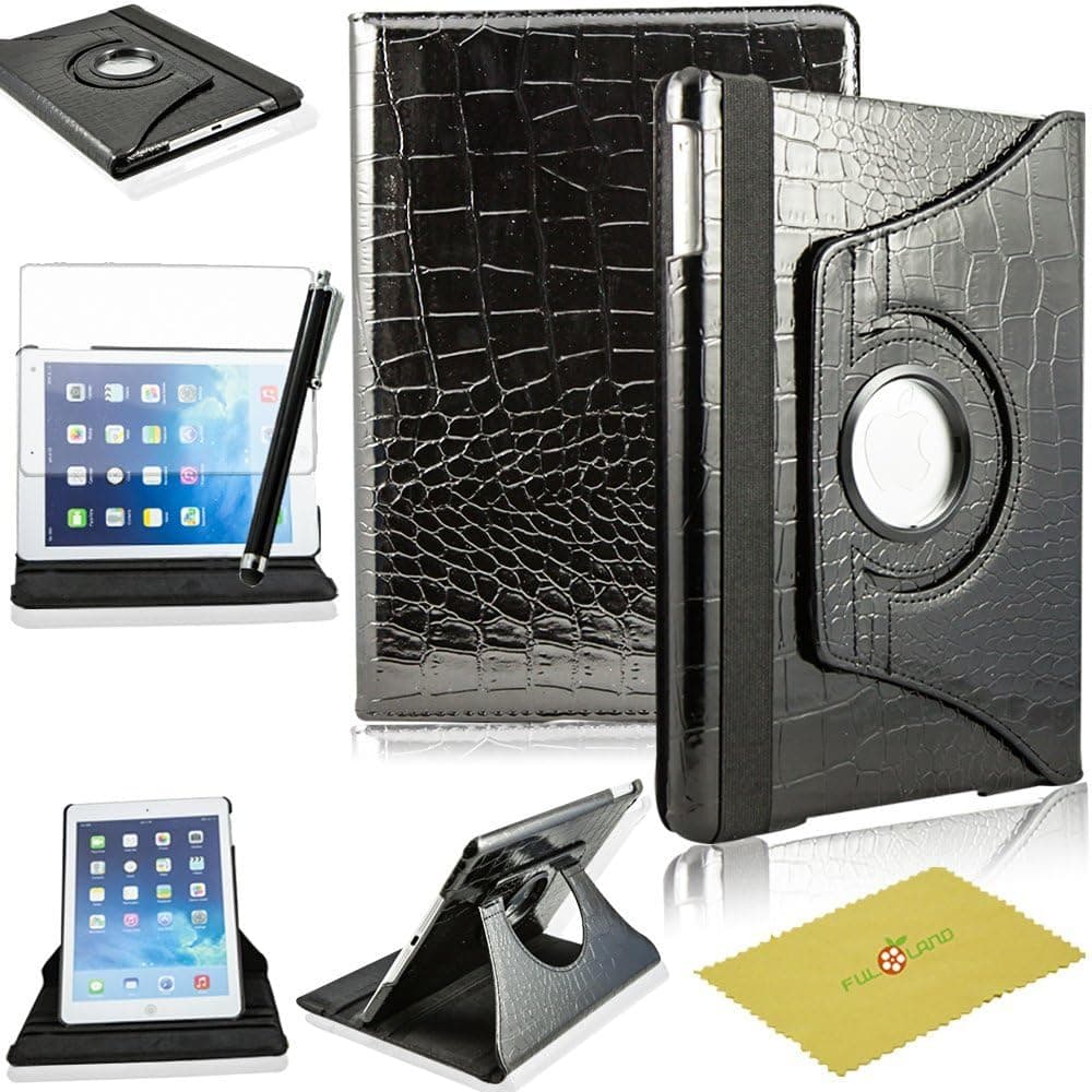 Fulland IPAD5-27-12 360 Rotating Flip Smart Auto Wake/Sleep Leather Case Cover for Apple Ipad Air 5 Bundle with Stylus & Screen Protector - Crocodile Black