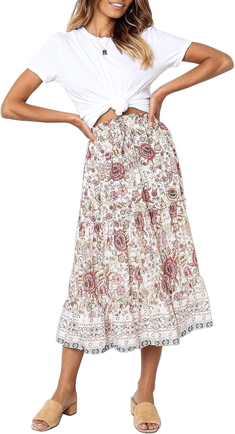 QEHEPA Women's Summer Floral Printed High Waist Casual Ruffle A Line Maxi Skirt with Pockets