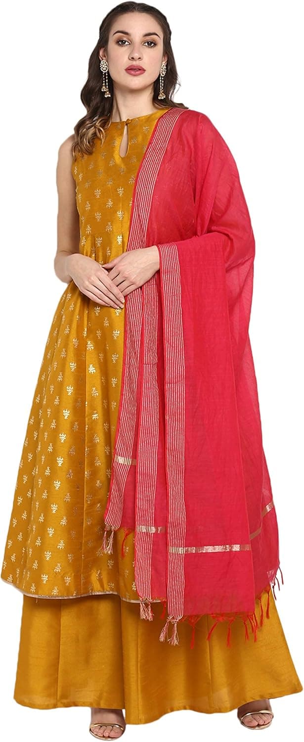 Janasya Indian Women's Mustard Poly Silk Kurta With Palazzo And Dupatta