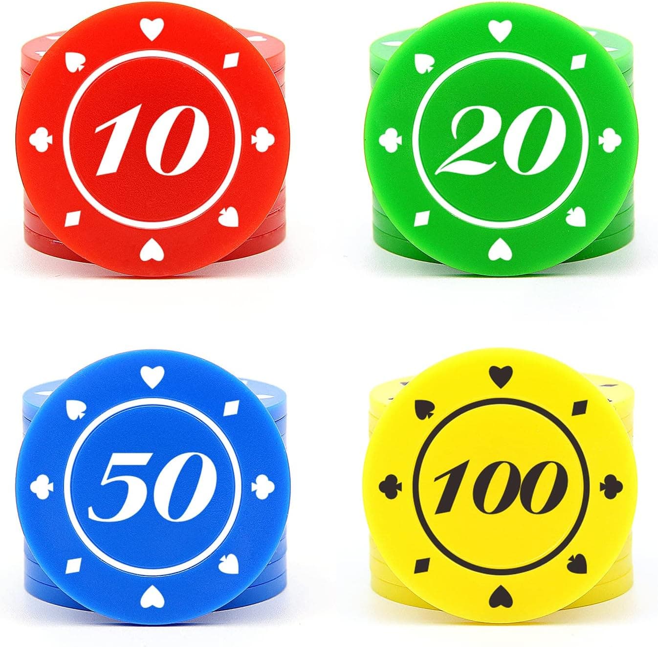 100 Plastic Poker Chips Set with Storage Box,Denomination Printed Casino Style Chip for Texas Holdem Home Game Nights,or Roulette Games,Casino Parties (Small Face Value)