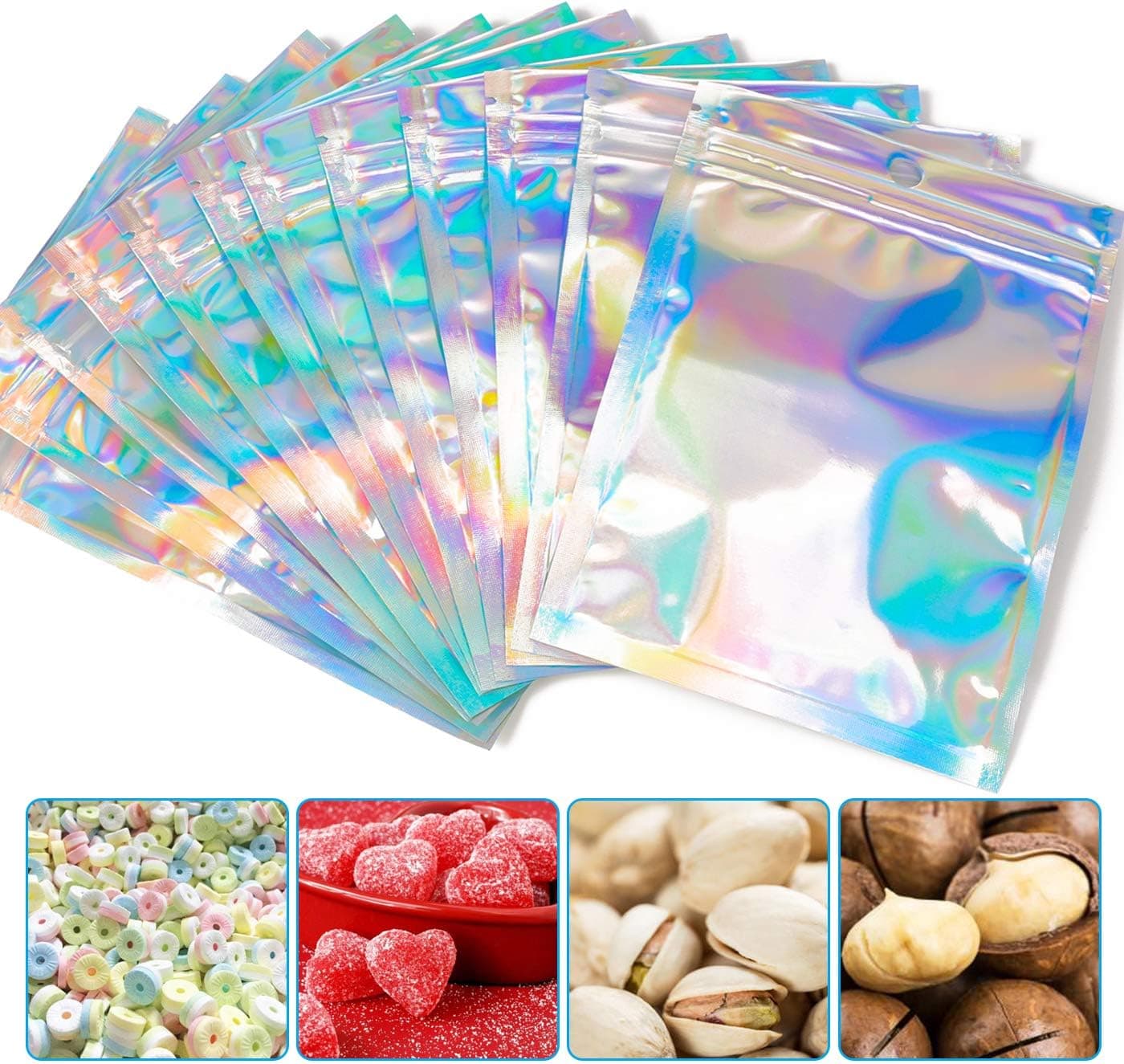50 Pieces Resealable Smell Proof Bags Foil Mylar Ziplock Bags Aluminum Foil Bags Flat Metallic Mylar Foil Flat Food Storage Bags Pouch(Holographic Color, 4 x 6 Inches)