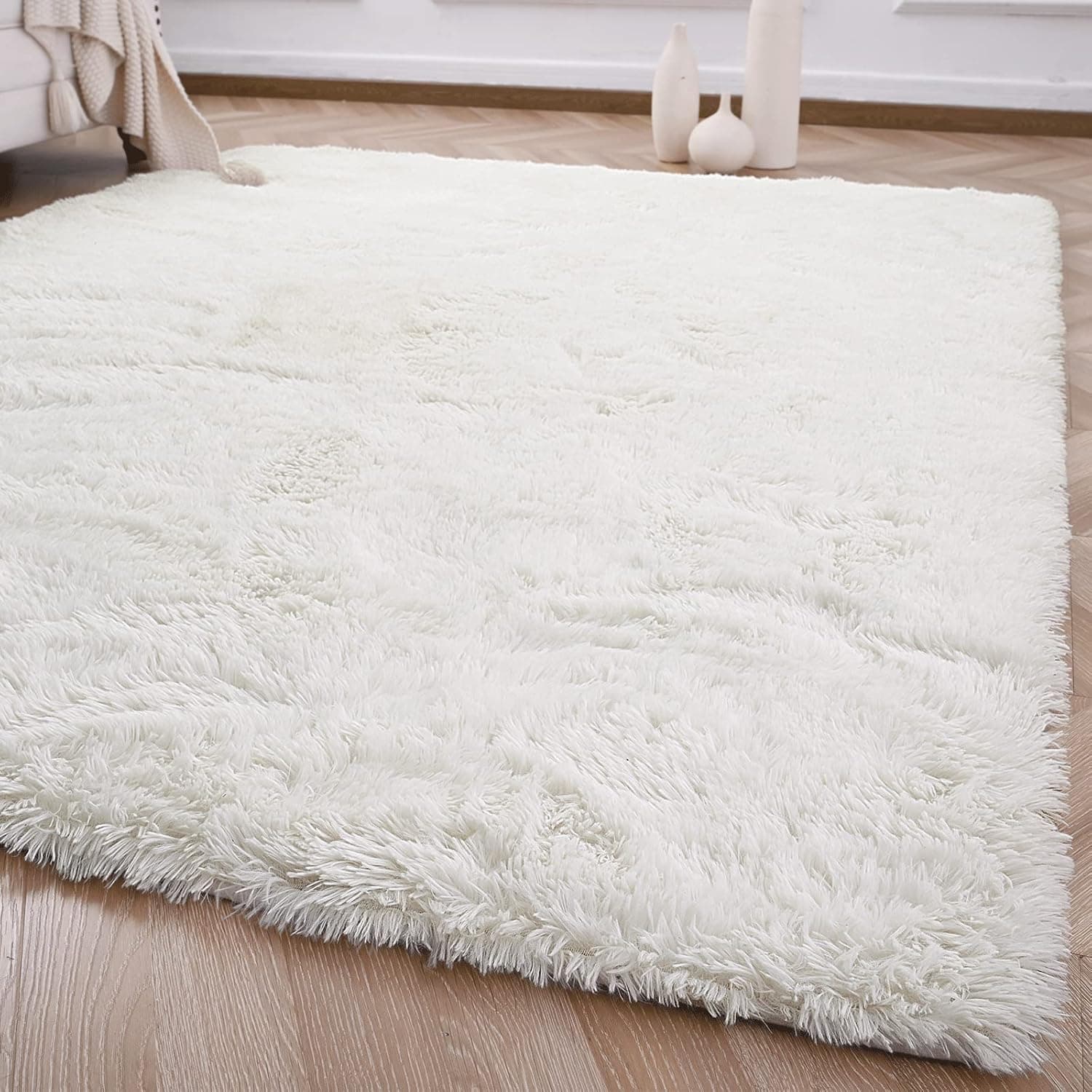 Modern Fluffy Large Area Rugs for Living Room Bedroom, 6x9 Feet, Soft Shaggy Plush Long Fur Rug Kids Non-Slip Play Mats, Fuzzy Floor Carpets for Girls Room Dorm Nursery Indoor Decor, Cream White