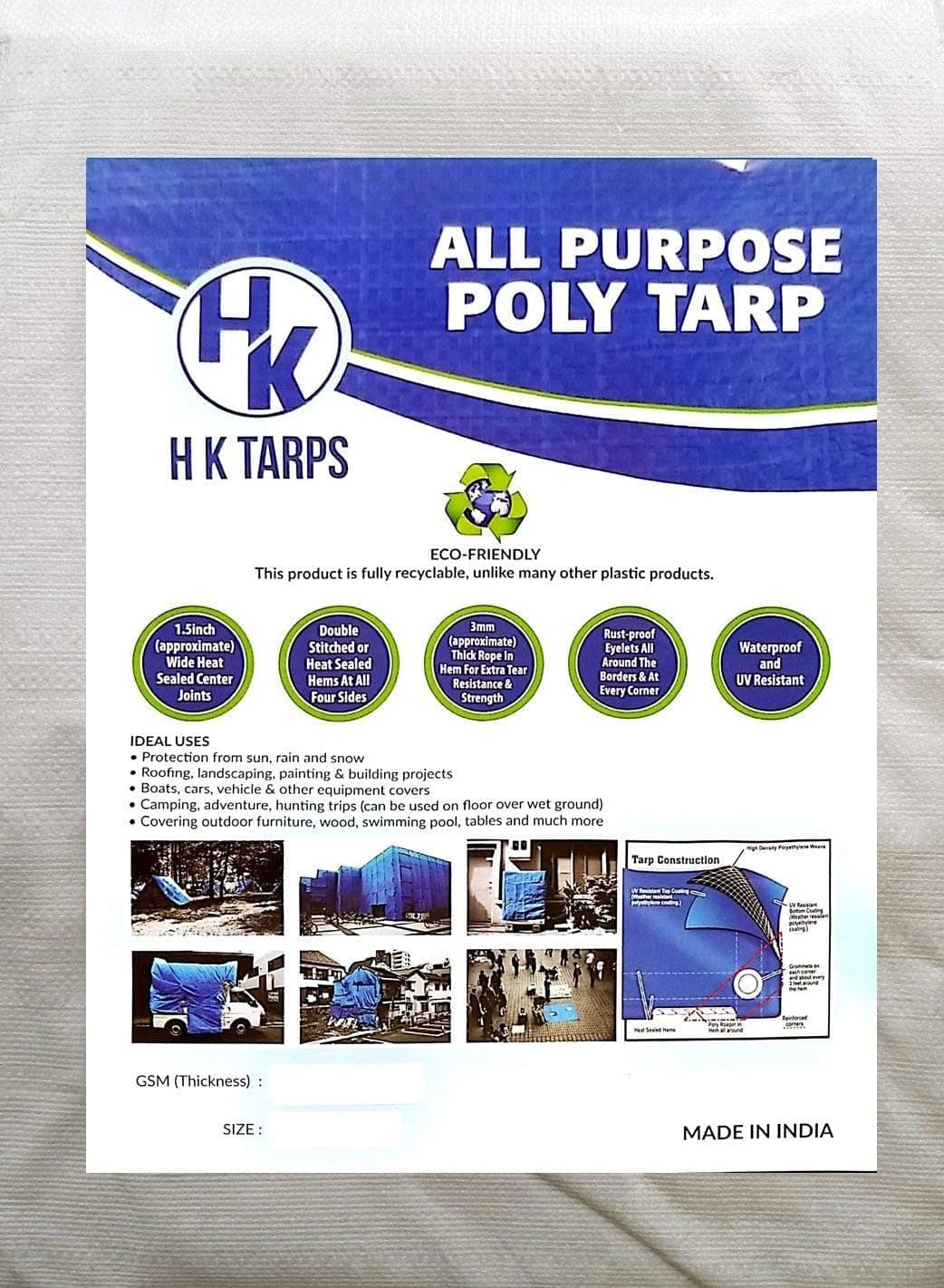 Light Duty Reinforced Tarpaulin All Purpose Canopy Poly Tarps 3Oz 6 Mil - White/Black (30' X 60' Feet)