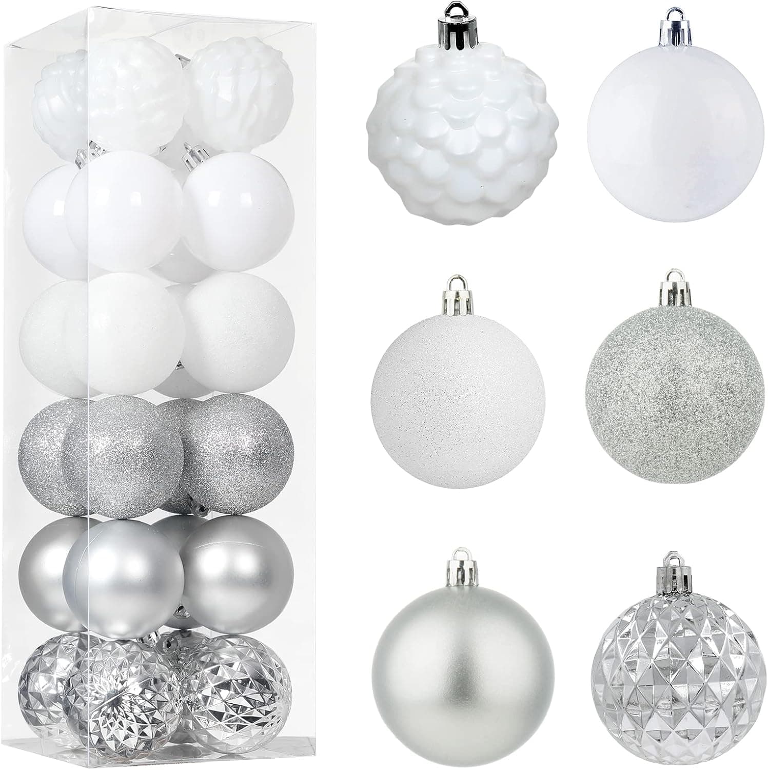 SLK Christmas Ball Ornaments Shatterproof, Xmas Hanging Tree Decorations Plastic Balls, Pre-Strung Packed Christmas Balls for Christmas Decorations 60mm/2.36" 24 pcs White Silver