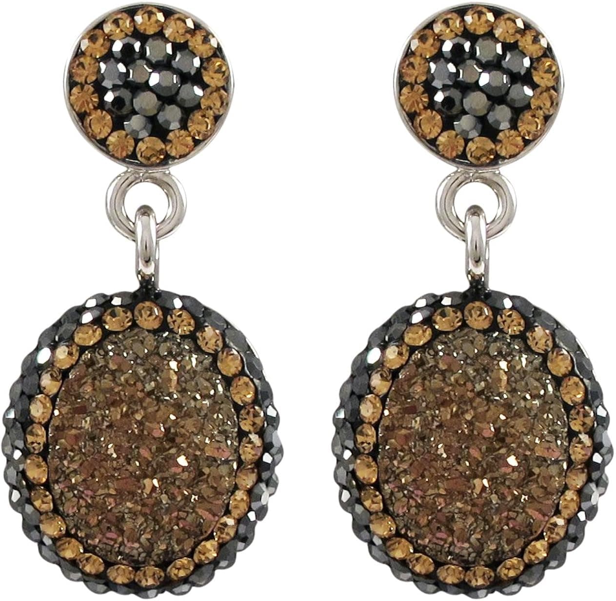 GRACE HARPER Silver-tone Brown Druzy Quartz Black and White Czech Crystals Oval Dangle Earrings