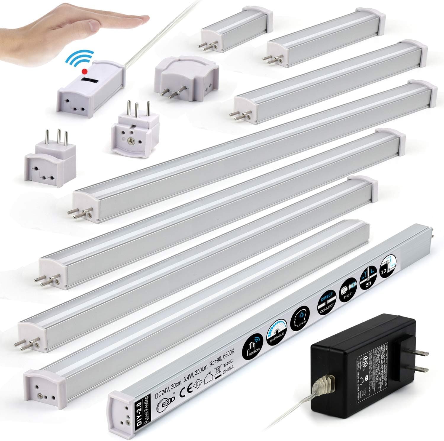 EBD LED Under Cabinet Lighting Set Hand Wave Activated Touchless Dimmable Control, Direct-Connection Design & Cross Connector 12 inch Slim Counter Light 42LED, 5.4W, 2100Lm 6500K Cool White Pack 8