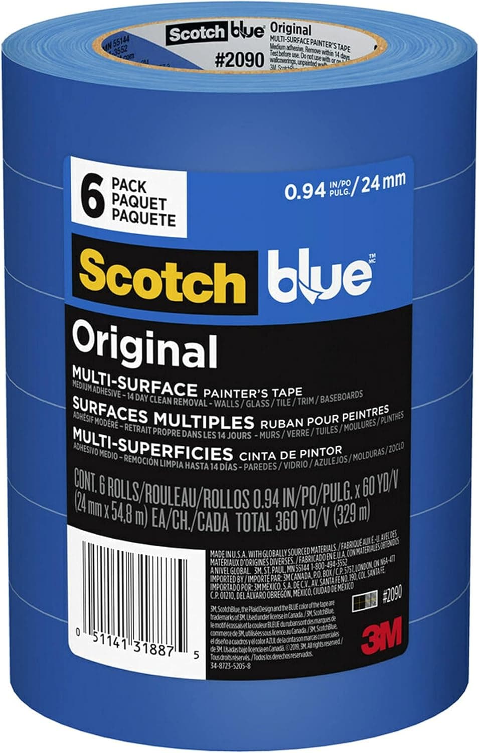 ScotchBlue Original Multi-Surface Painter's Tape, Blue, Paint Tape Protects Surfaces and Removes Easily, Multi-Surface Painting Tape for Indoor and Outdoor Use, 0.94 Inches x 60 Yards, 6 Rolls