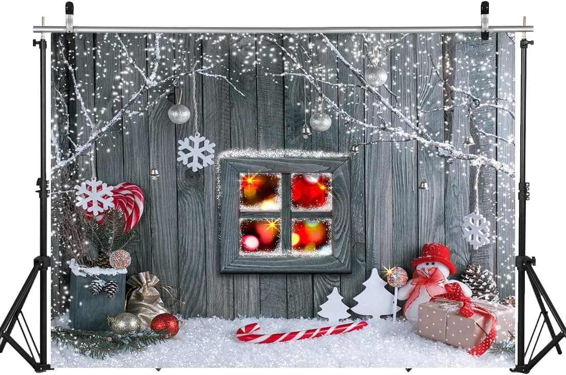 YYTDY 8X6FT Winter Photo Backdrop Christmas Party Backdrop Christmas Snowman Wooden Board Backdrop Lollipop Snowflake Gift Box Christmas Decoration Backdrop Photo Christmas Photography Backdrop D-37