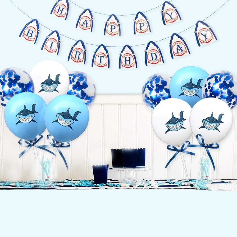 Shark Decorations Birthday Party Supplies - Shark Happy Birthday Banner Letters, White Blue Confetti Latex Balloons - Kids Boys Girls Baby Shark Party Favors