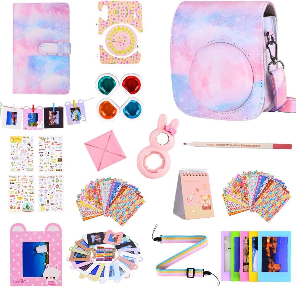 Bsuuy Instant Camera Accessories Bundle Compatible with FujiFilm Instax Mini 11 Camera. Including Mini 11 Camera Case, Selfie Mirror, Four-Color Filter, etc (Pink A 15 Items)