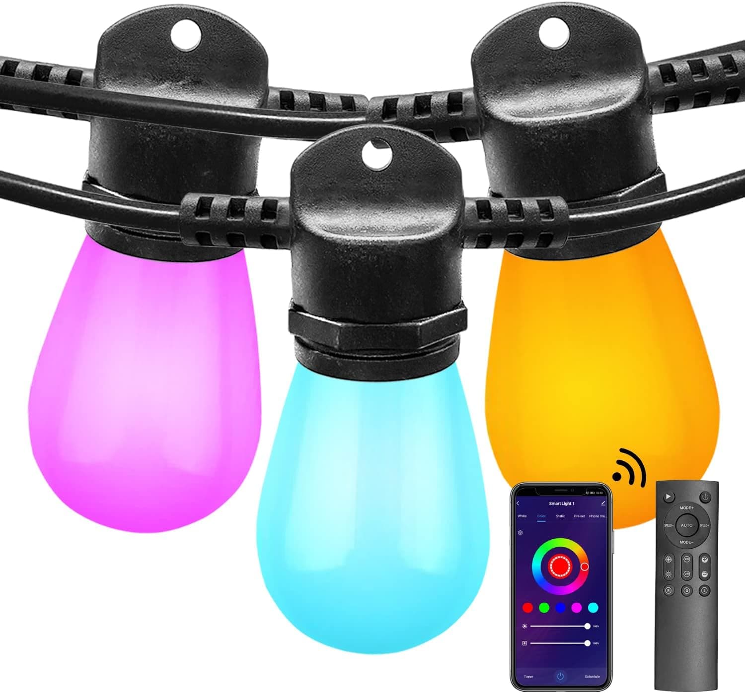 Banord Smart Outdoor String Lights, 48FT RGBW Patio Lights Colored LED String Lights Waterproof Color Changing Hanging Lights Work with Alexa, Shatterproof Bulbs Outdoor Lights for Backyard Camping