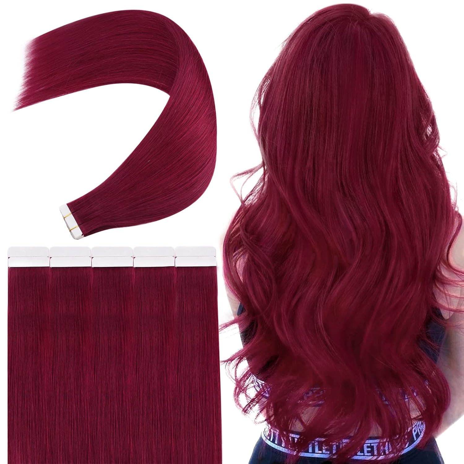 YoungSee Tape in Hair Extensions Human Hair Burgundy 22 inch Tape in Extensions Human Hair Burgundy Tape in Burgundy Hair Extensions 10Pcs 25G Tape ins Human Hair Extensions Burgundy