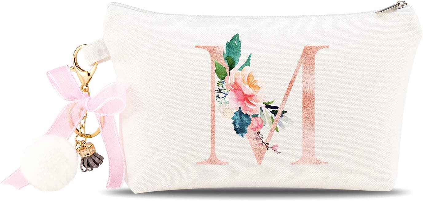 PARBEE Floral Initial Canvas Makeup Bag Zipper Cosmetic Pouch with Keychain, Monogrammed Gift for Girls Women Mom Teacher Birthday Valentine's Day Mother's Day Bridal Shower