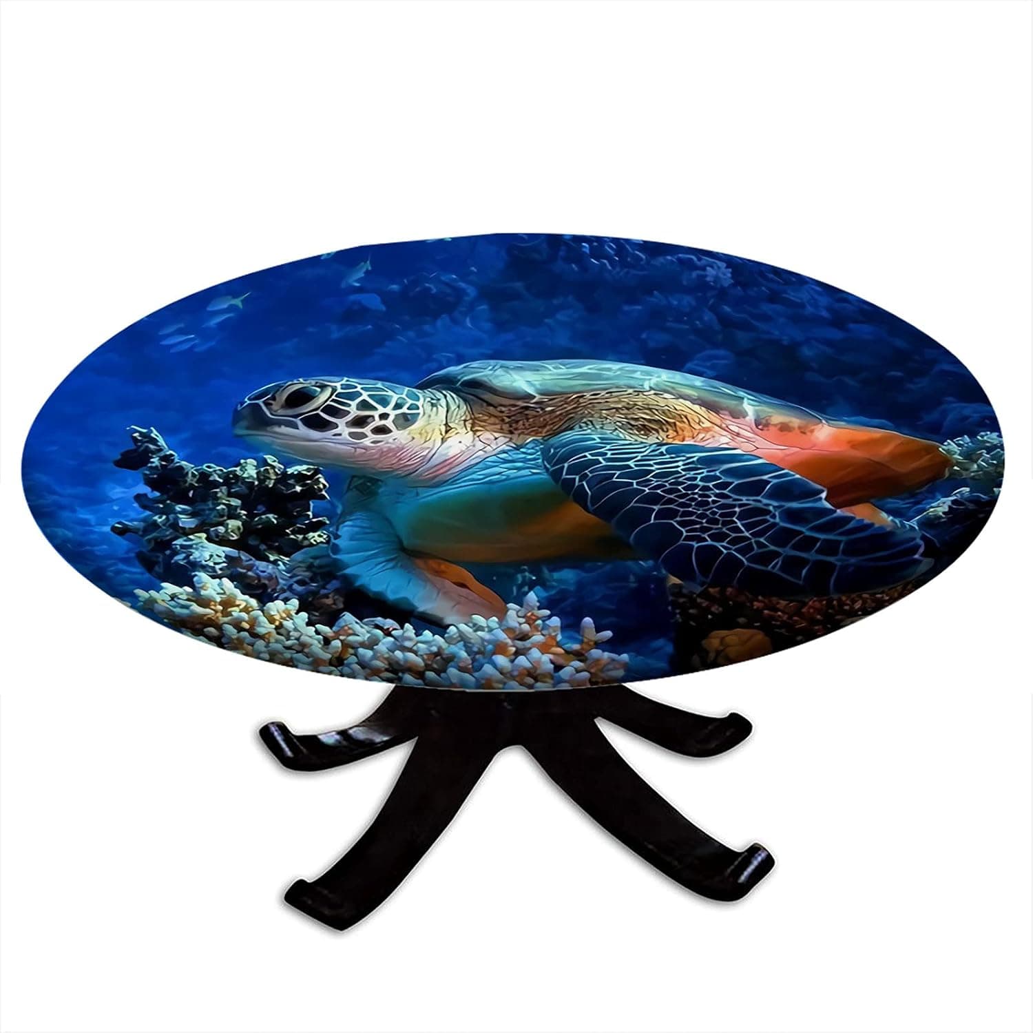 Round Tablecloth with Elastic Edges, Sea Turtle with Fishes and Coral Reef Underwater Ocean Turtle Design Fits Tables 48" - 52" Diameter
