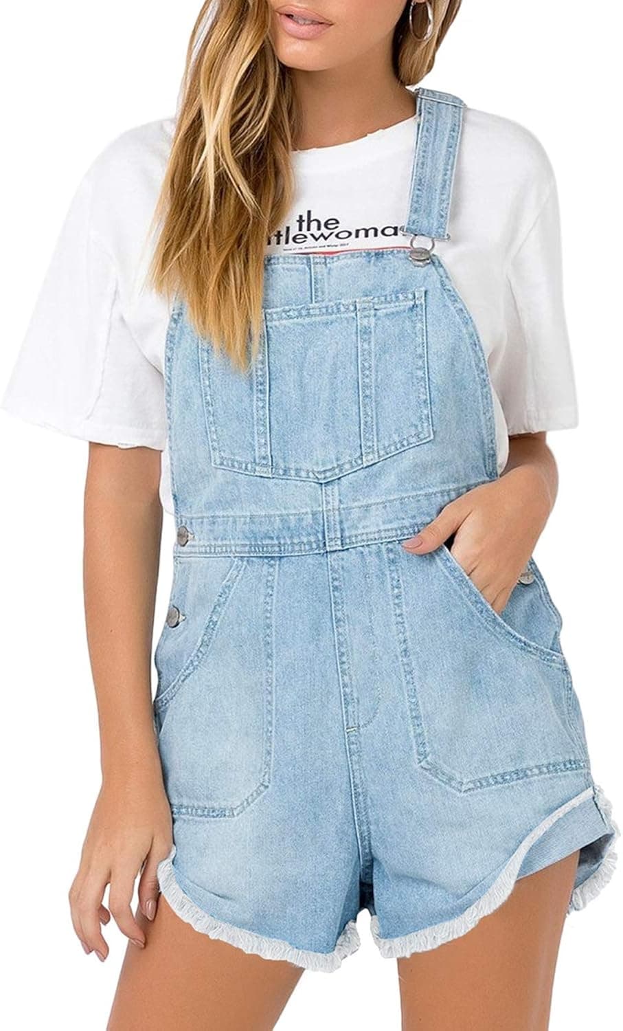 LookbookStore Women's Ripped Denim Bib Overall Shorts Raw Hem Shortall Jeans