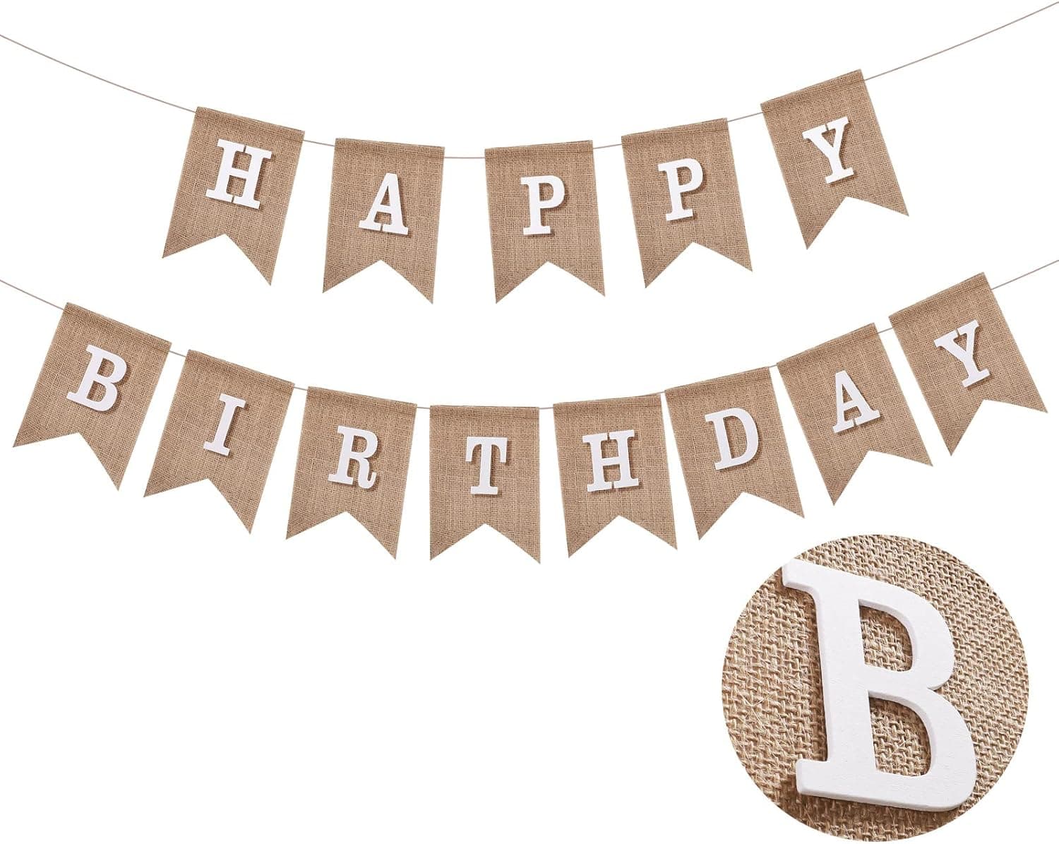Remagr Burlap Happy Birthday Banner Brown Rustic Garland Flags White Alphabet Birthday Party Decorations Bunting Swallowtail Flags for Baby Girls Boys Adults