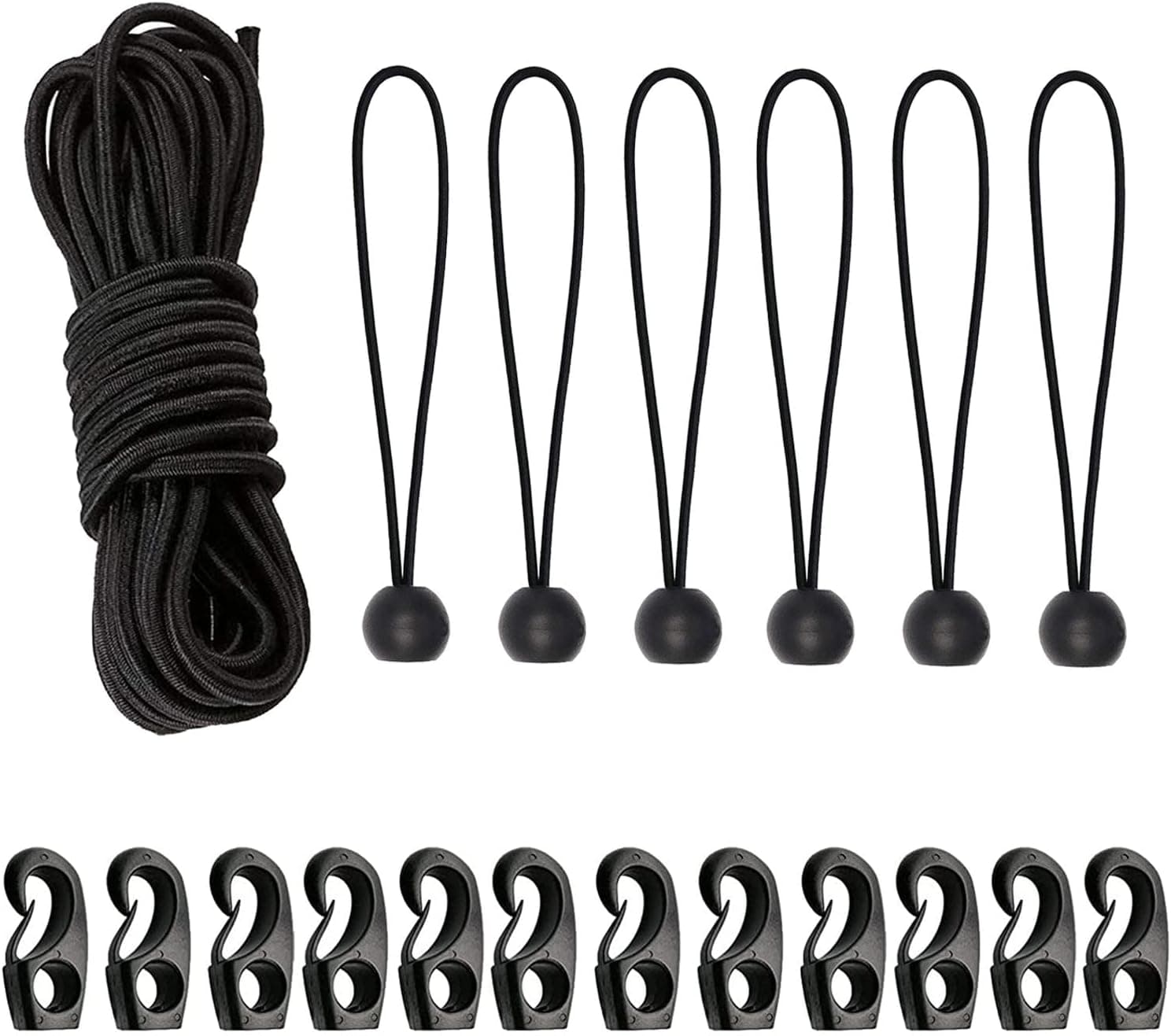 1/5'' Elastic Bungee Shock Cord, 26 Feet Adjustable Black Elastic Tie Down with 12 Bungee Shock Cord Hook and 6 Ball Bungee Cords for Roof Racks, Bikes, Kayaking, Camping (26 Feet)