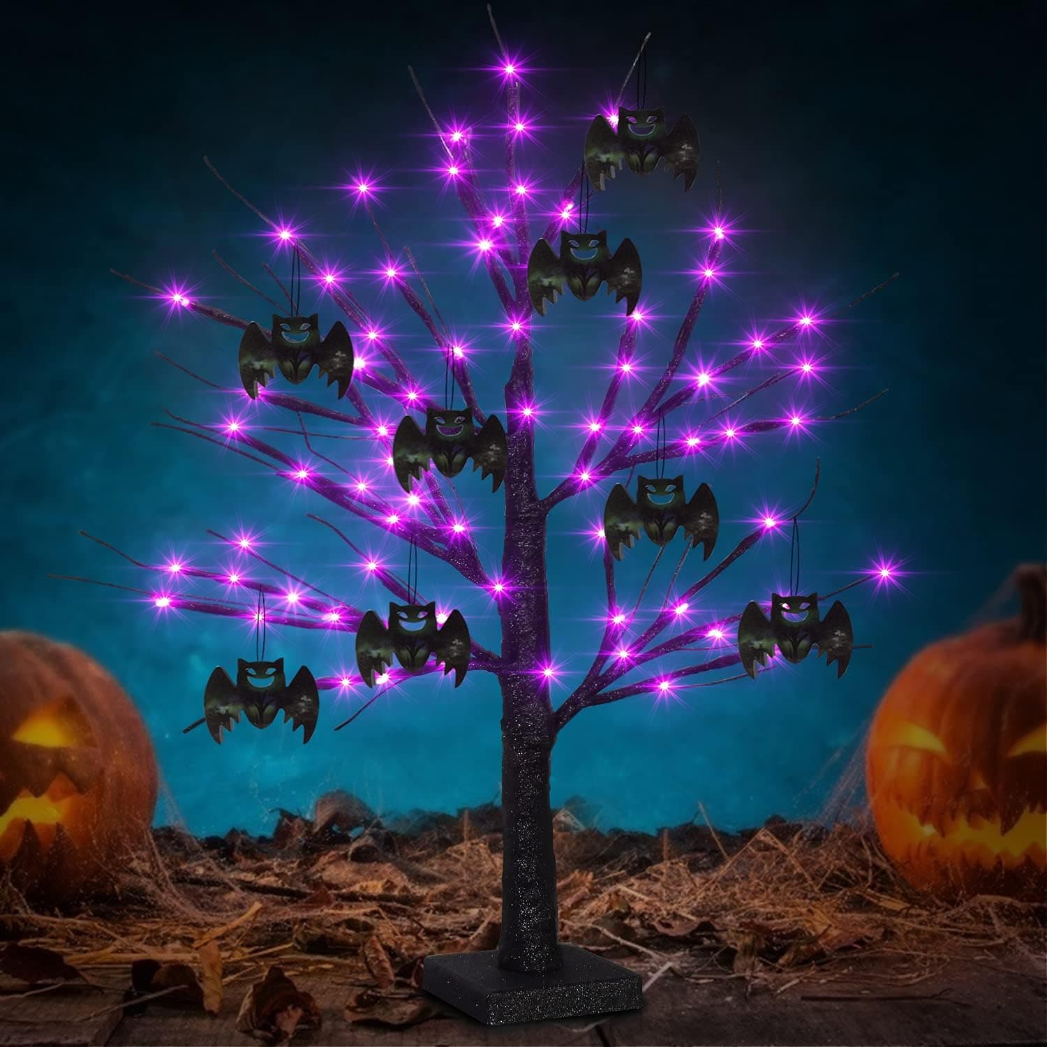 2FT Black Halloween Tree with 48 LED Purple Lights, Upgraded Black Glittered Spooky Tree with 8 Bat Pendants, 6-Hours Timer, Battery Operated Halloween Ornaments for Outdoor Indoor Tabletop Decor
