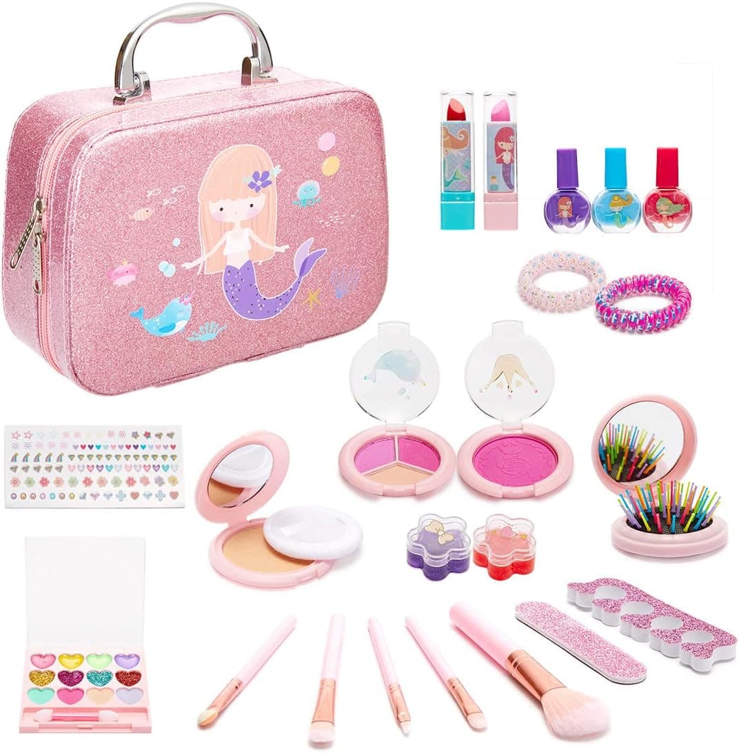 PWTAO Kids Makeup Kit for Girls Kids Real Washable Makeup Toy Set Non-Toxic Make Up Kits for Children Kids Girls Glamour Girl Pretend Play Makeup Kit Christmas Birthday Gifts Toys for 4-6 Years Girls