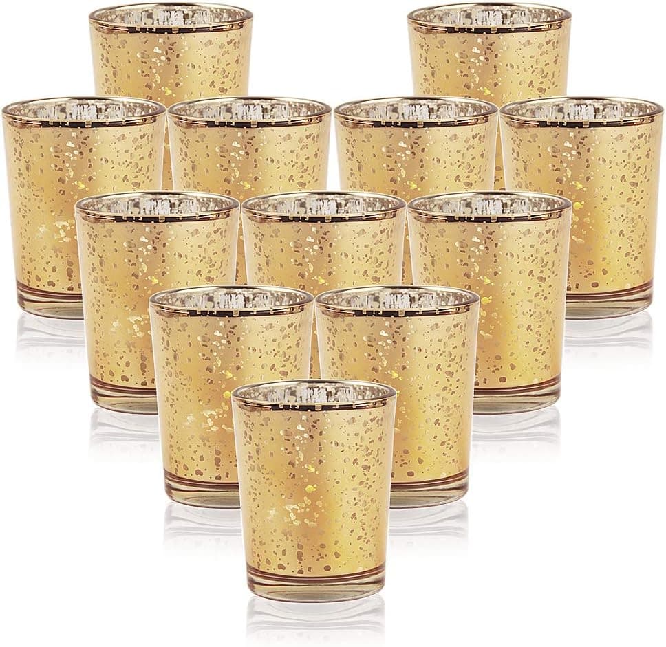SHMILMH Gold Votive Candle Holders, Set of 12 Mercury Glass Tealight Candle Holders Bulk with Speckled for Wedding Centerpieces, Home Decor